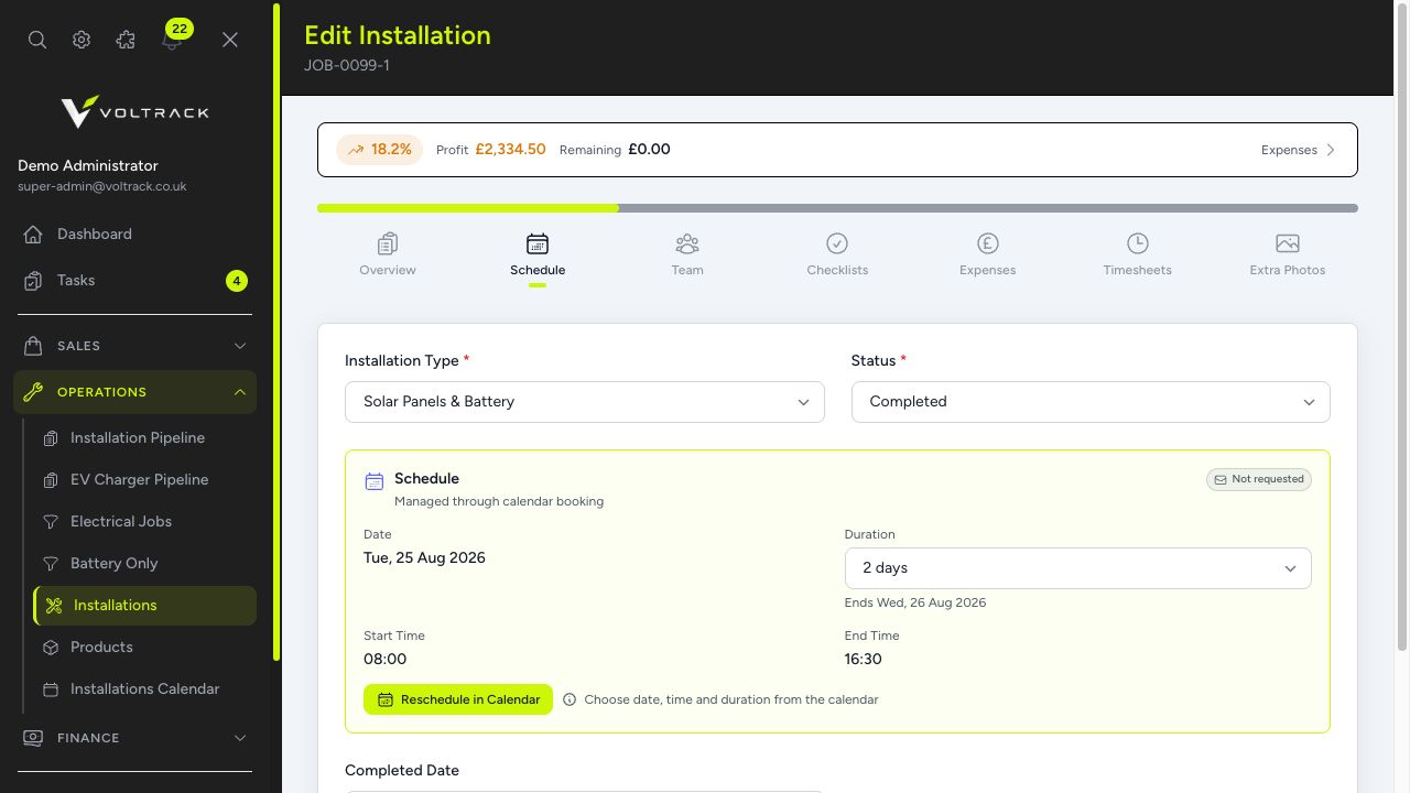 Voltrack scheduling & installations interface