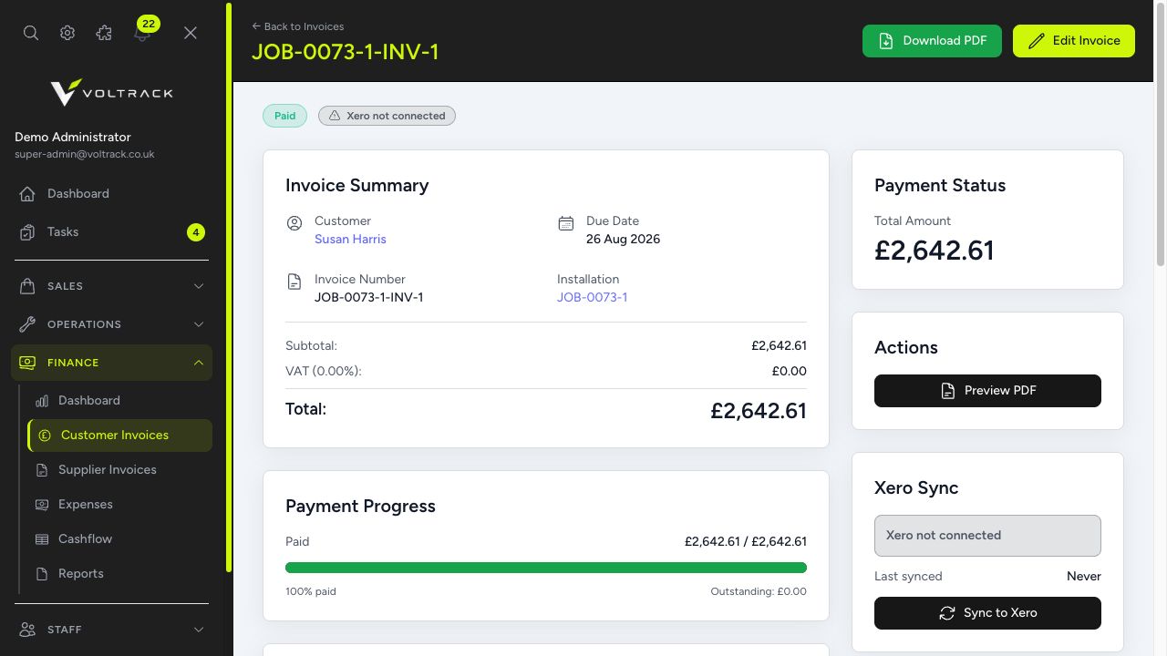 Voltrack invoicing & payments screen