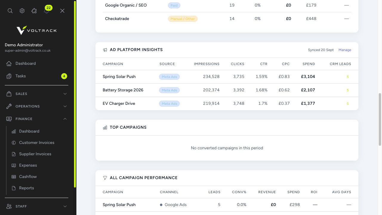 Voltrack marketing & commission screen