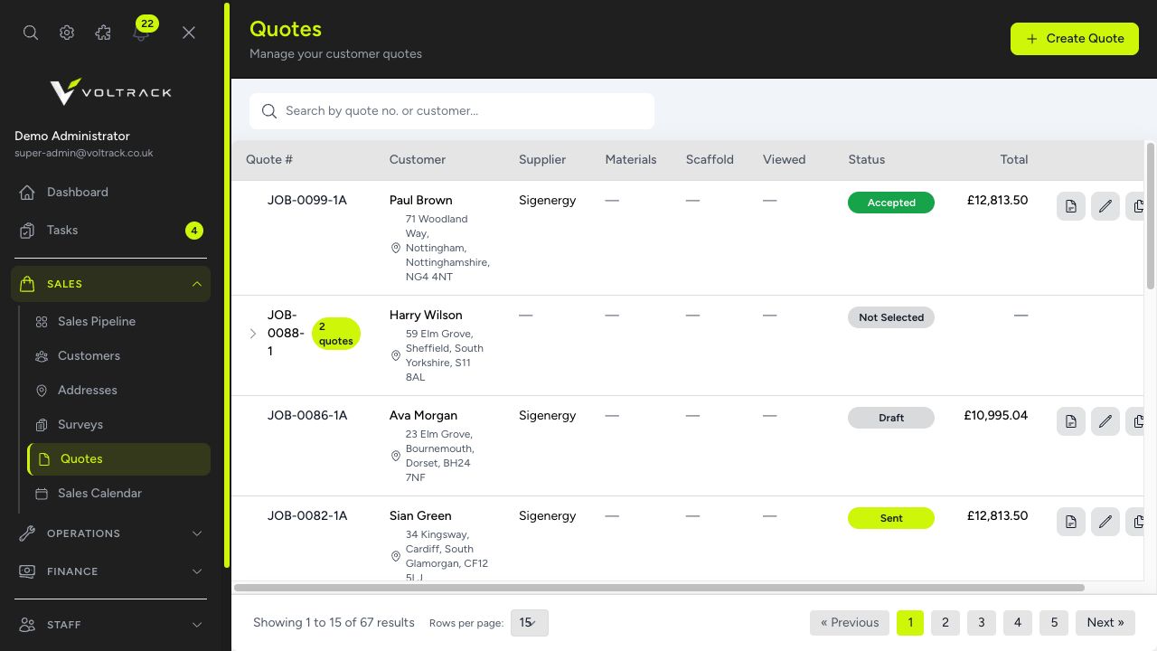 Voltrack quotes & proposals screen