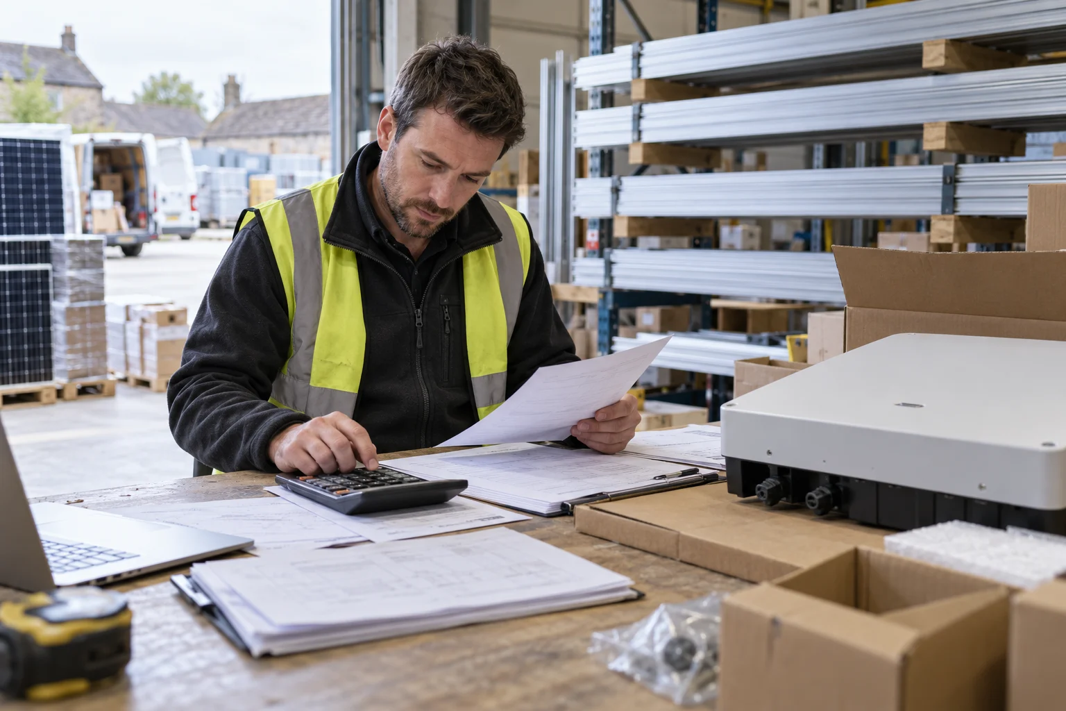Operations manager checking equipment costs and delivery paperwork
