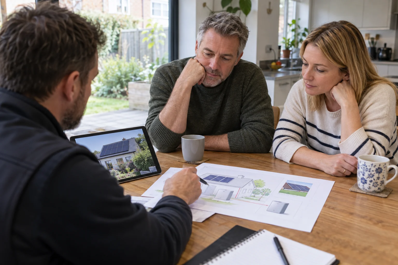 Solar adviser talking homeowners through a proposal