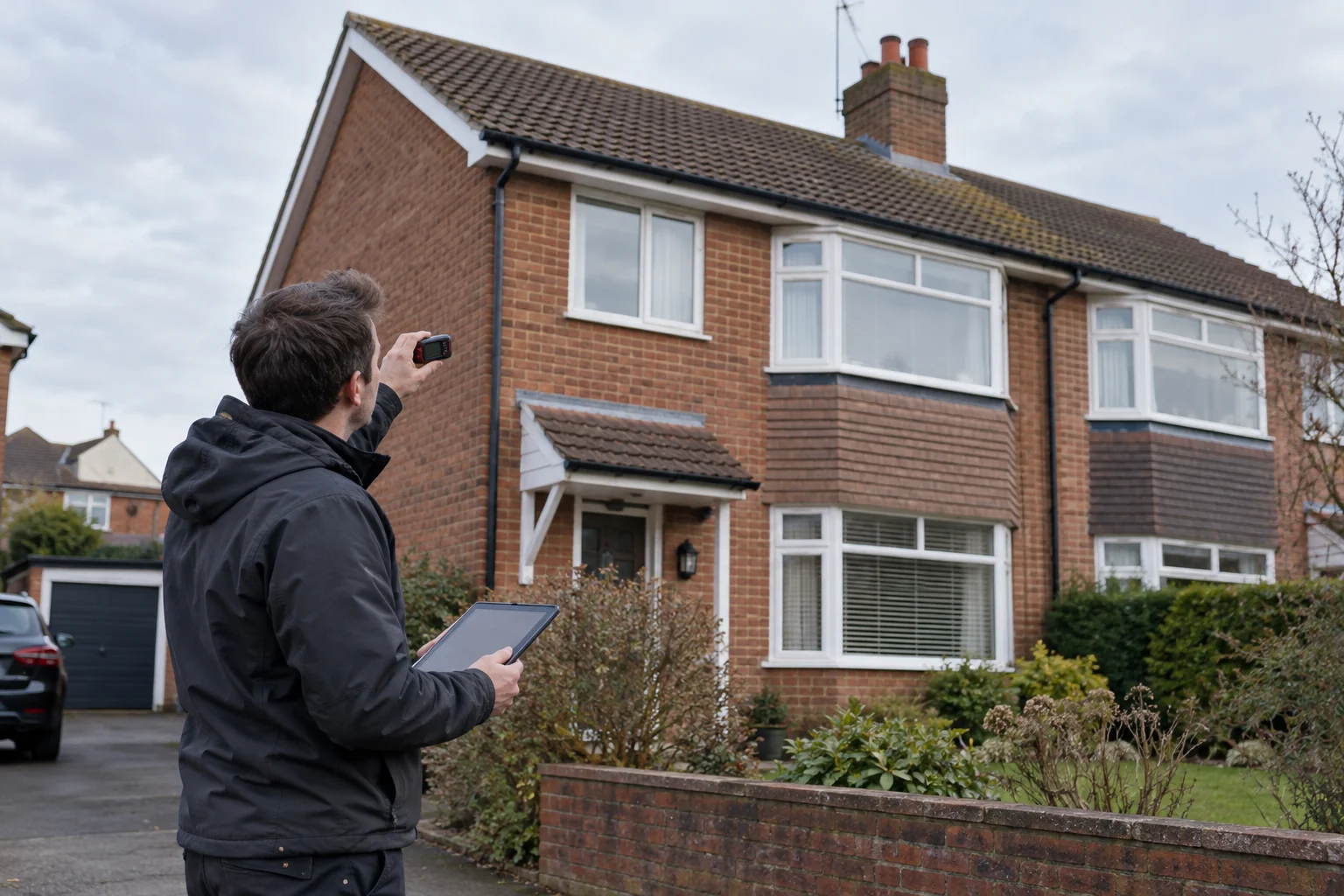 Surveyor recording measurements at a British property